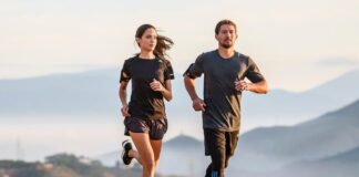 mujer y hombre corriendo con ropa técnica preparándose para hacer una carrera