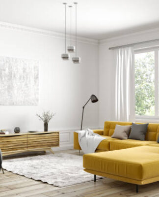 Diseño de interior de un hogar con sofá amarillo y estilo moderno a la luz del día