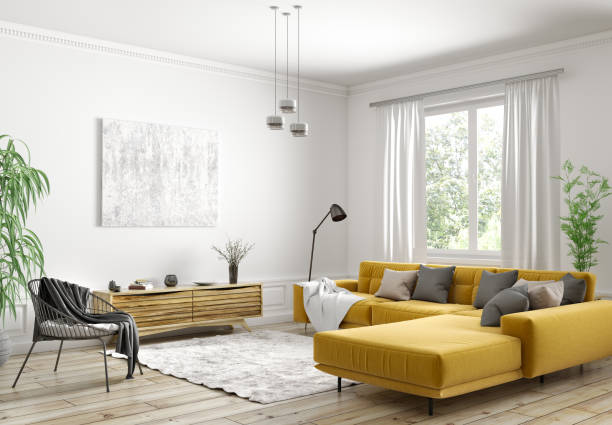Diseño de interior de un hogar con sofá amarillo y estilo moderno a la luz del día